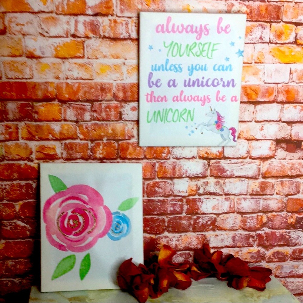 Set of Two Canvas Watercolor Floral  and Unicorn Decorative Wall Prints